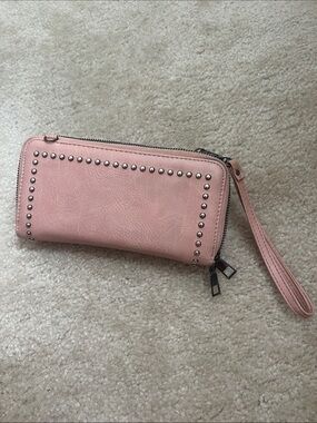 Pink Studded Zip-Around Wristlet Wallet with Detachable Strap
